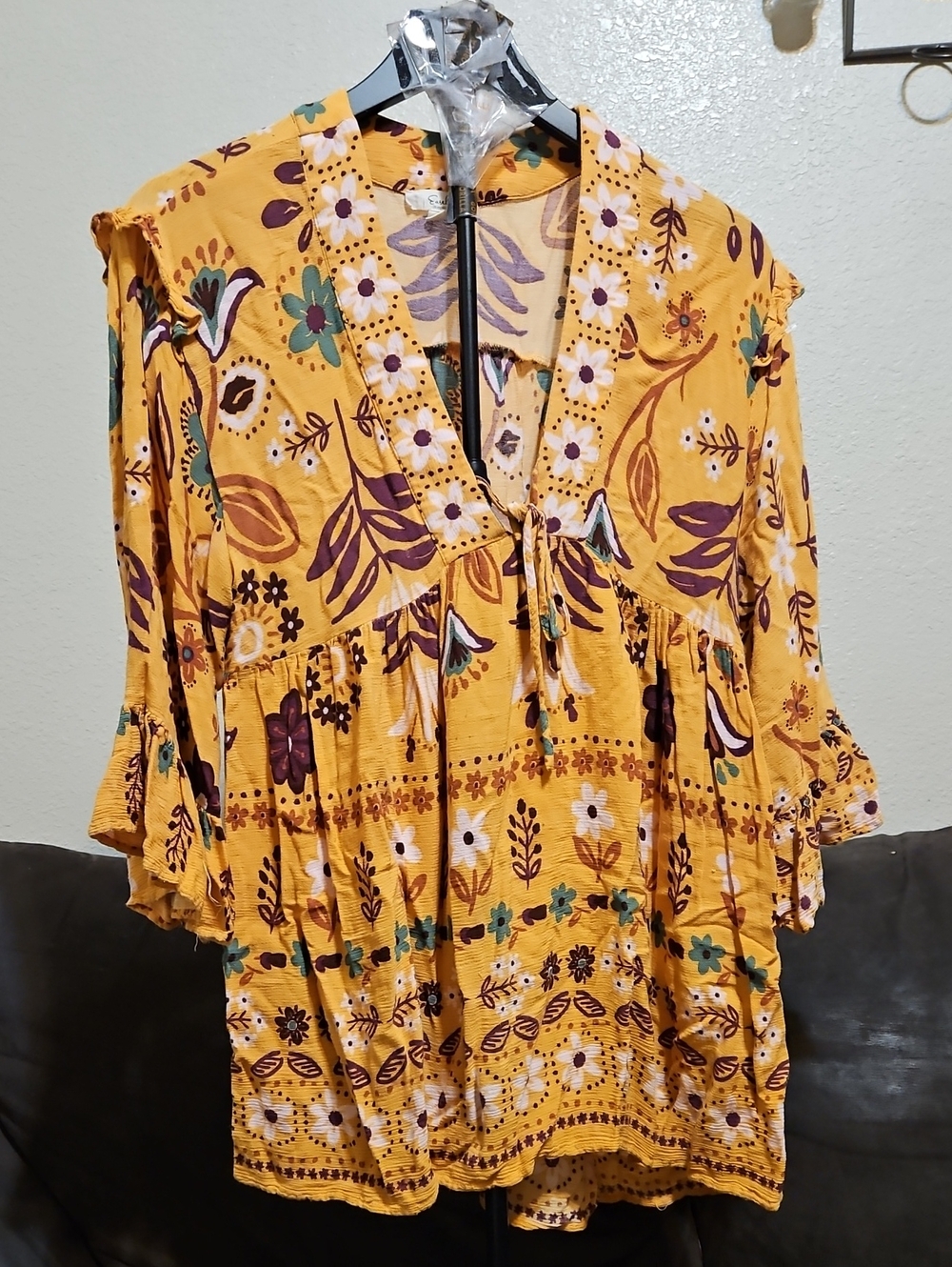 easel Mustard Floral Boho Tie-Front Tunic Top
